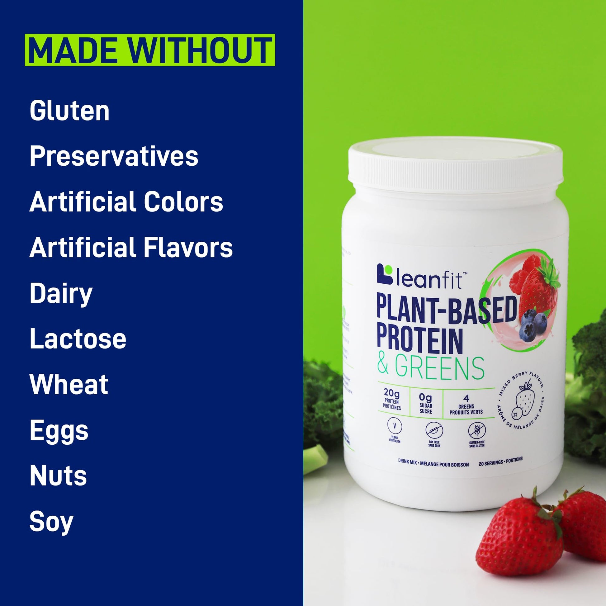 LeanFit Plant-Based Protein & Greens, Natural Berry, 20g Protein, 19 Servings, 1.25 Pound - Maple Wellness Supplements