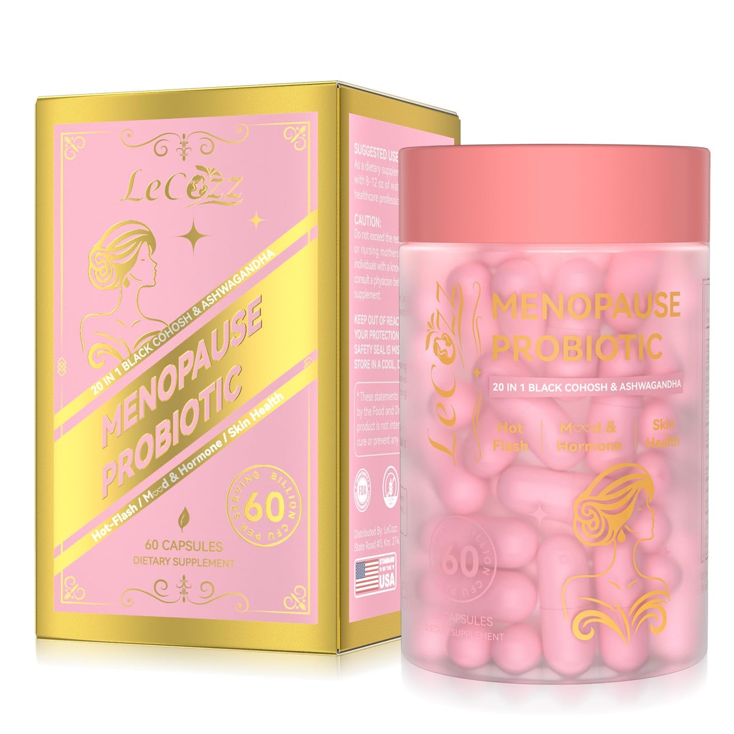 LeCozz Menopause Supplement for Women : Hormone-Free Probiotic with Black Cohosh & Ashwagandha Support for Hot Flashes Mood Balance & Skin Health 60 Capsules - Maple Wellness Supplements