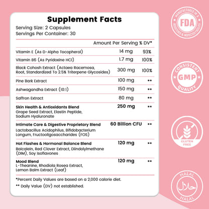LeCozz Menopause Supplement for Women : Hormone-Free Probiotic with Black Cohosh & Ashwagandha Support for Hot Flashes Mood Balance & Skin Health 60 Capsules - Maple Wellness Supplements
