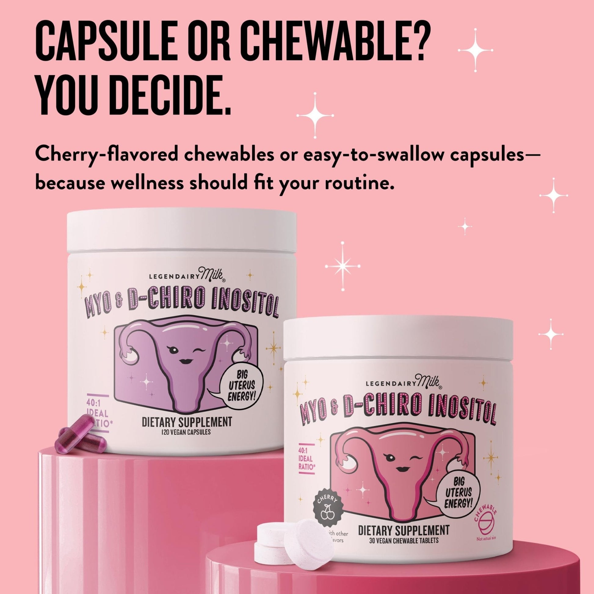 Legendairy Milk Myo-Inositol & D-Chiro Inositol Supplement for Women, 40:1 Ratio, PCOS & Fertility Support, Hormone Balance, Sugar Free Vegan Chewable Tablets, Cherry Flavor, 30 Day Supply - Maple Wellness Supplements