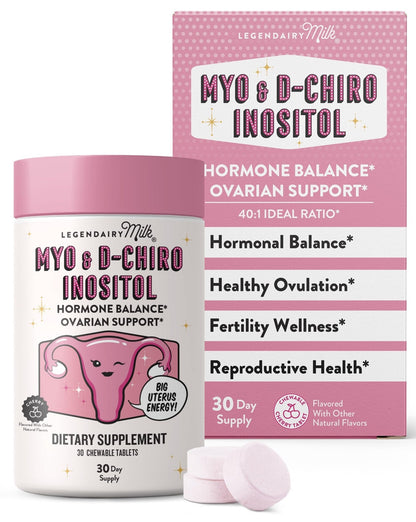 Legendairy Milk Myo-Inositol & D-Chiro Inositol Supplement for Women, 40:1 Ratio, PCOS & Fertility Support, Hormone Balance, Sugar Free Vegan Chewable Tablets, Cherry Flavor, 30 Day Supply - Maple Wellness Supplements