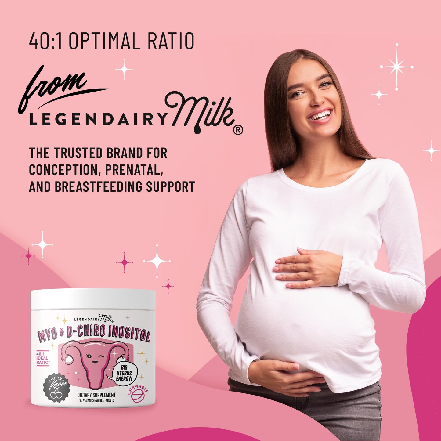 Legendairy Milk Myo-Inositol & D-Chiro Inositol Supplement for Women, 40:1 Ratio, PCOS & Fertility Support, Hormone Balance, Sugar Free Vegan Chewable Tablets, Cherry Flavor, 30 Day Supply - Maple Wellness Supplements