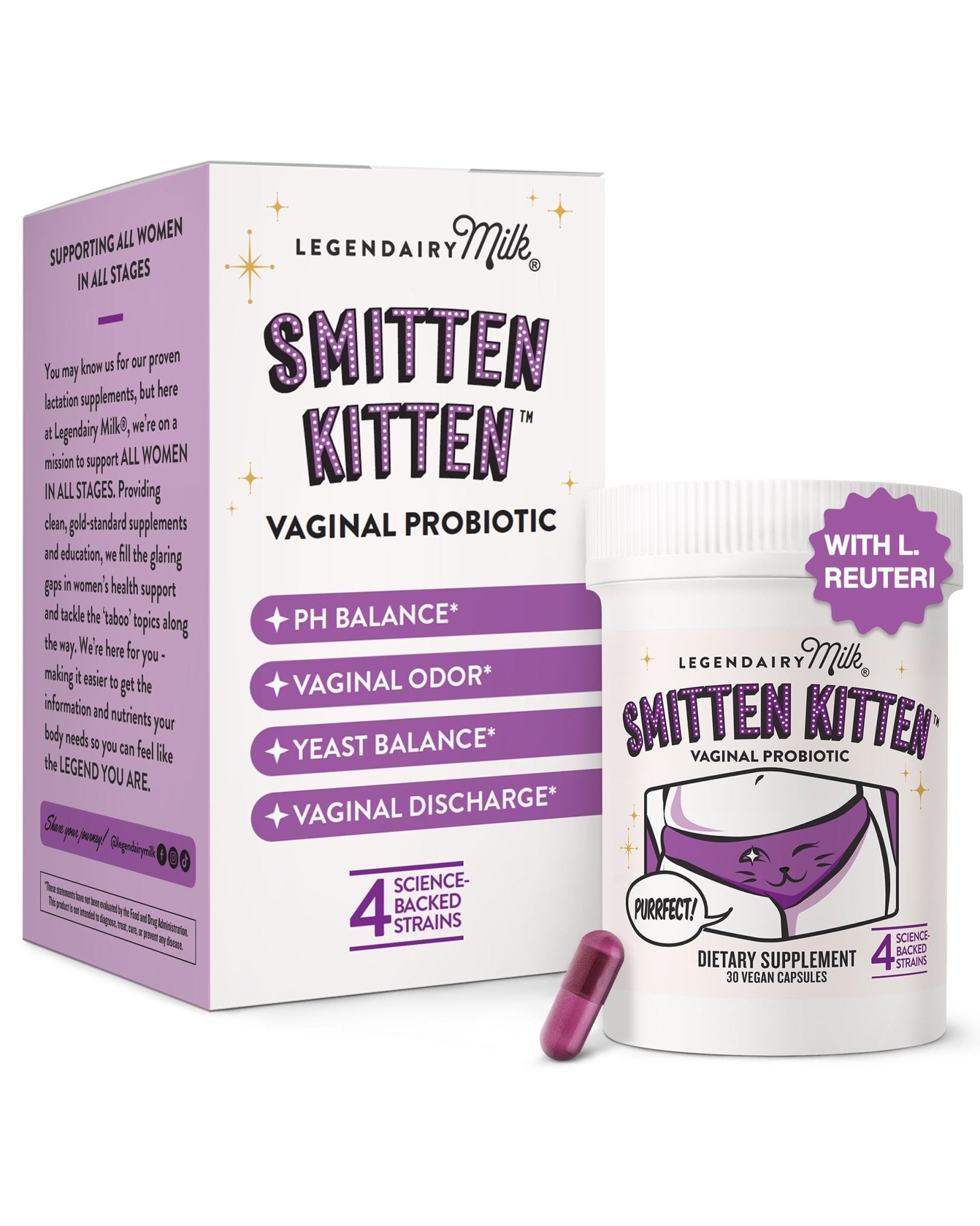 Legendairy Milk Smitten Kitten™ - Vaginal Probiotics for Women - Clinically-Studied Probiotics Lactobacillus Reuteri for Women's Vaginal Health - Maple Wellness Supplements