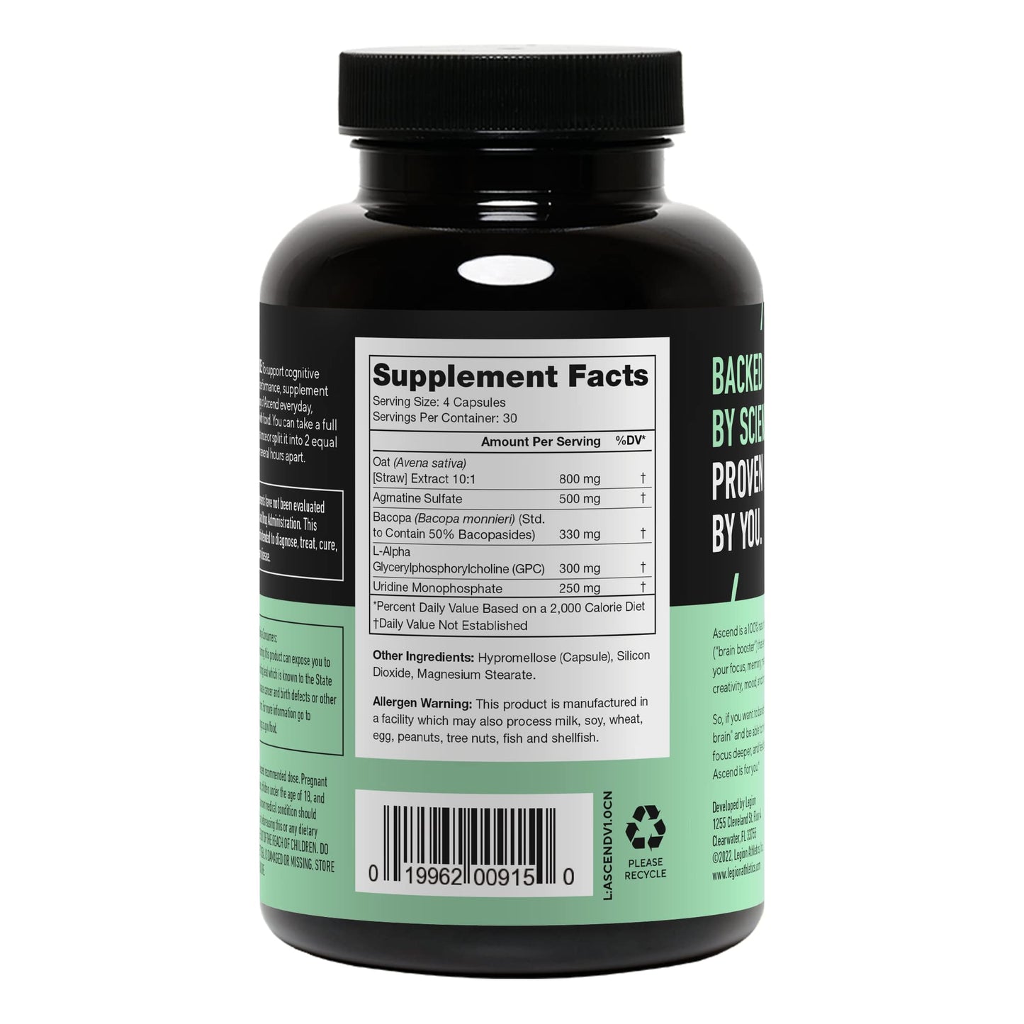 LEGION Athletics Ascend Nootropic - All-Natural Brain Supplements for Memory and Focus - Nootropics Brain Support Supplement with Alpha-GPC - Brain Supplement for Alertness & Mood Support, 30 Servings - Maple Wellness Supplements