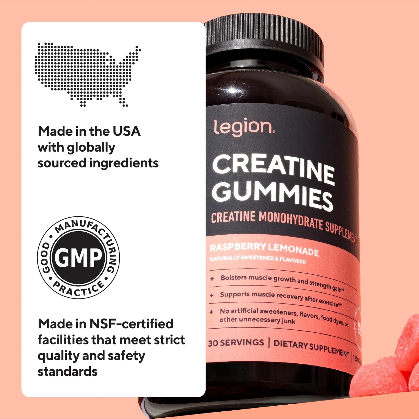 LEGION Creatine Monohydrate Gummies for Men & Women – Clean Chewable Creatine Supplement for Strength, Endurance & Muscle Recovery – 30 Lemon Drop Flavor Servings - Maple Wellness Supplements