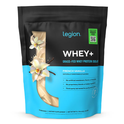 LEGION Whey+ Protein Whey Isolate from Grass Fed Cows (French Vanilla, 30 Servings) - Whey Protein Isolate Powder, Low Calorie, Non-GMO, Sugar Free, Lactose and Gluten Free, All Natural Protein Powder - Maple Wellness Supplements