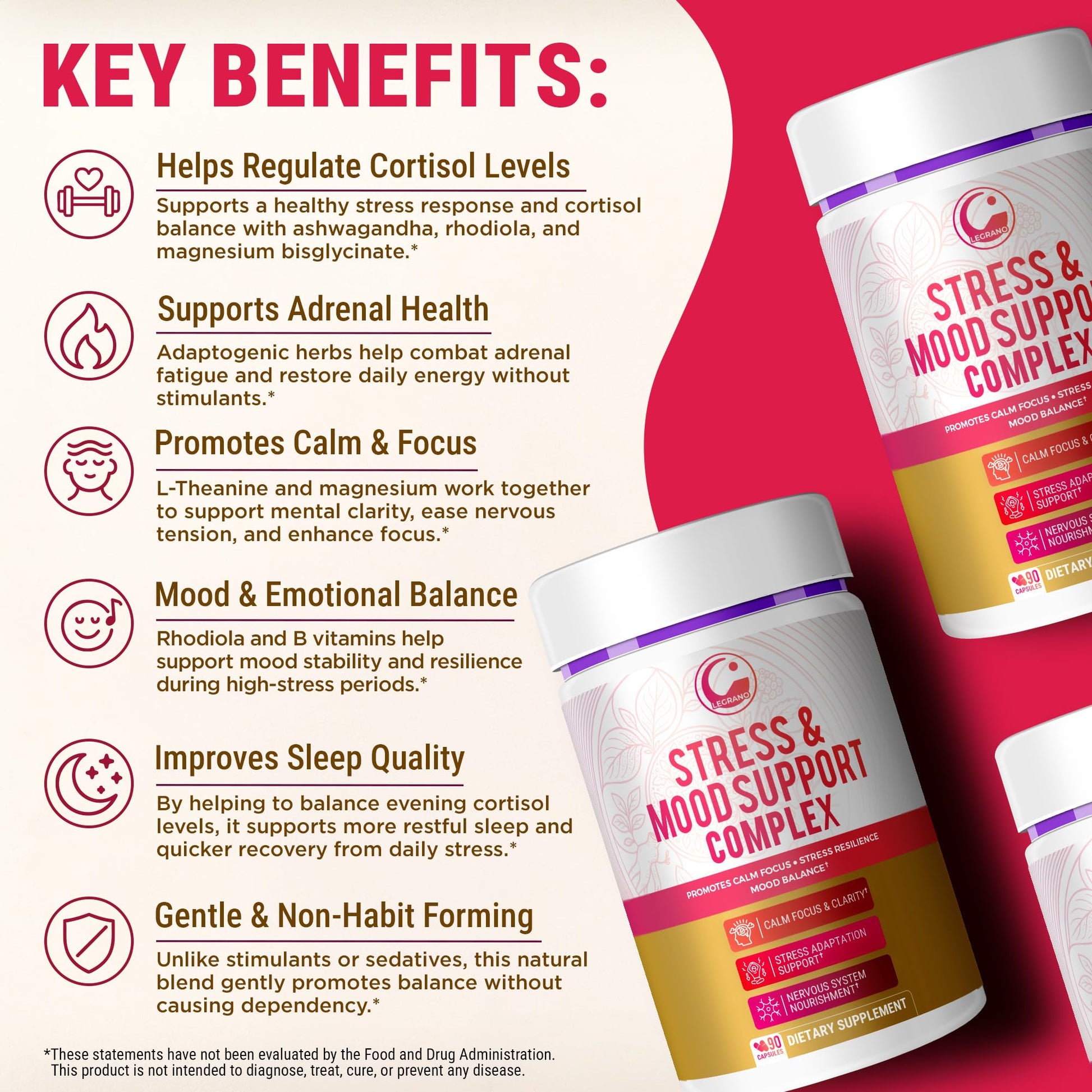 LEGRANO Cortisol Manager Supplements for Women & Men with Ashwagandha, L-Theanine, Magnesium Glycinate, Rhodiola, Ginseng – Cortisol Reducer & Adrenal Support – 90 Capsules – Calm, Focus, Balance - Maple Wellness Supplements
