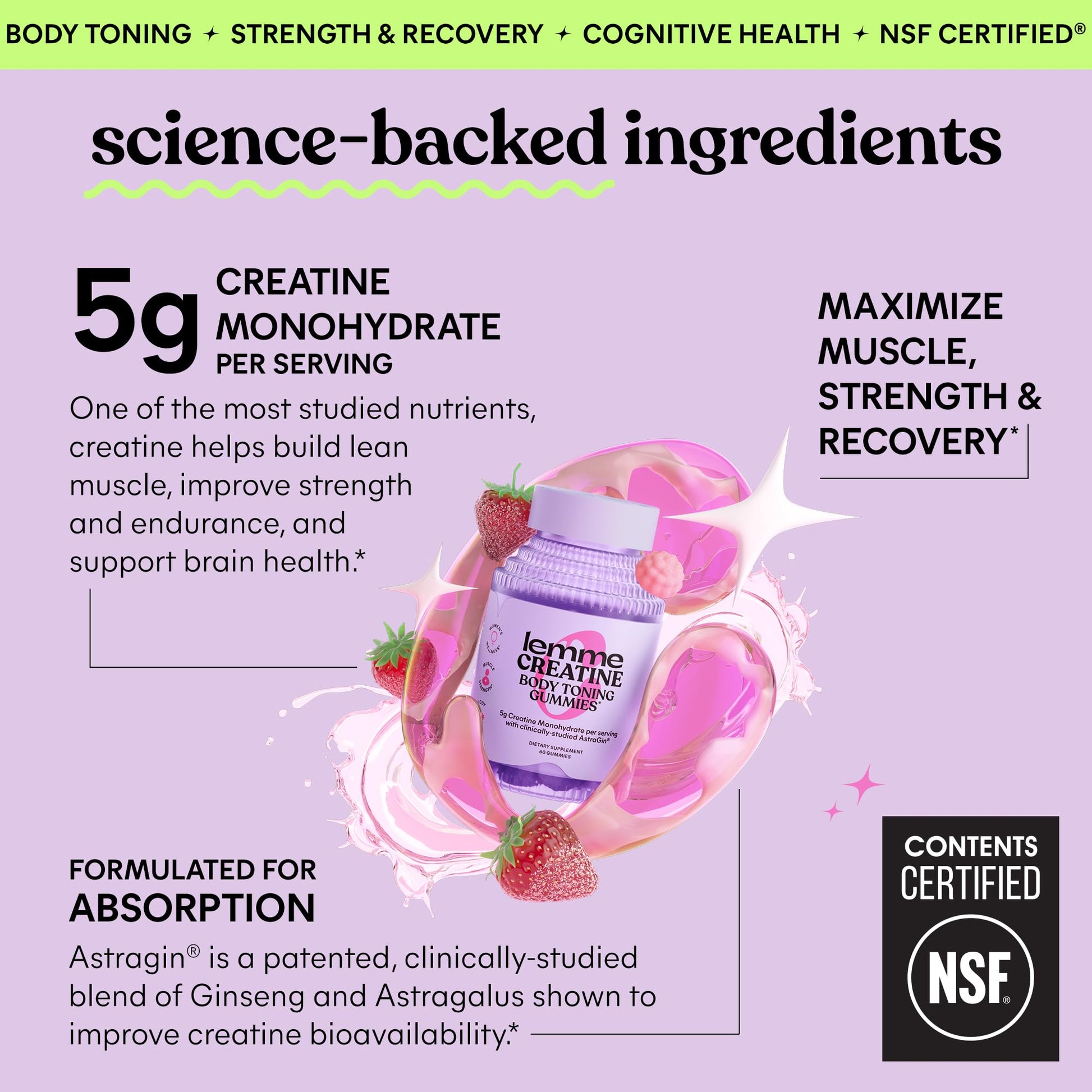 Lemme Creatine Monohydrate Gummies for Women and Men, 5g Dose to Support Lean Muscle, Strength, Recovery, Cognitive Health, w/Ginseng for Absorption - Maple Wellness Supplements