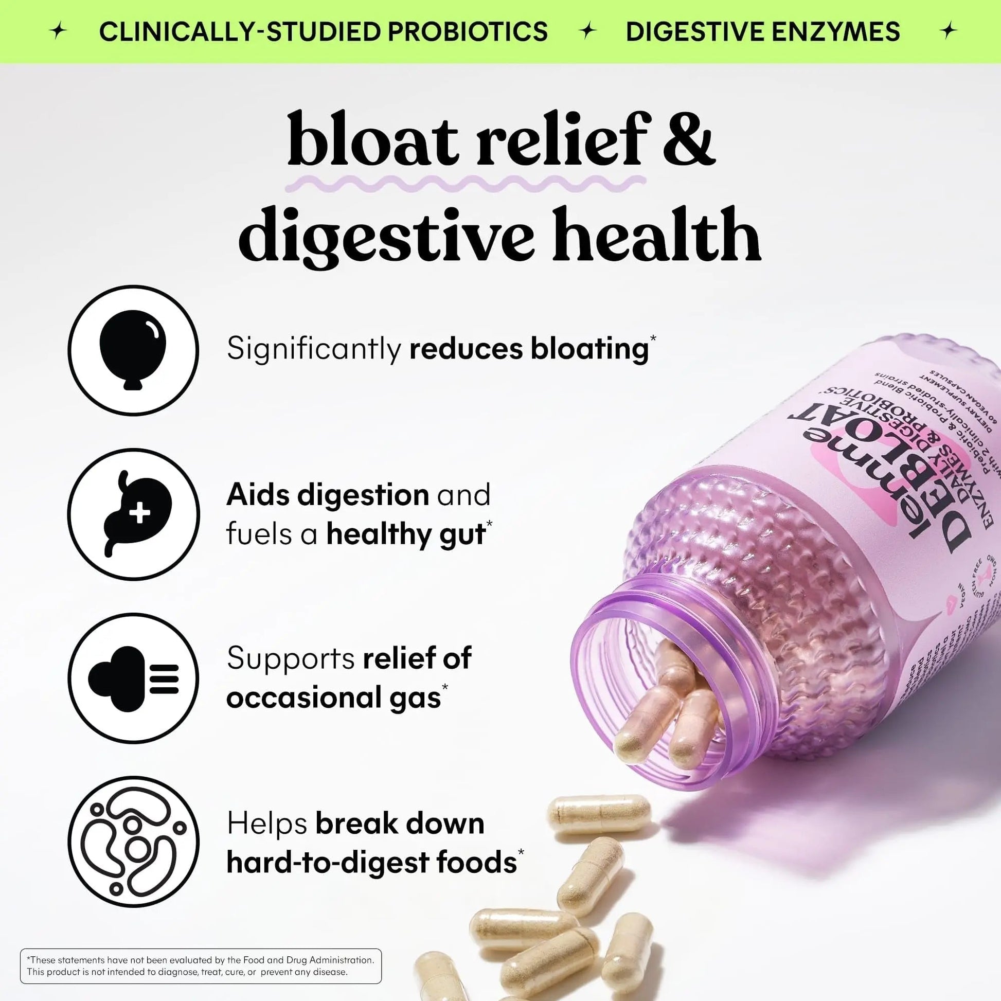 Lemme Debloat 3-in-1 Prebiotic, Probiotic & Digestive Enzyme Capsules for Bloating & Gas Relief - 2 Clinically Studied Probiotics w/5 Digestive Enzymes to Improve Digestion, Women & Men, (60 Count) - Maple Wellness Supplements