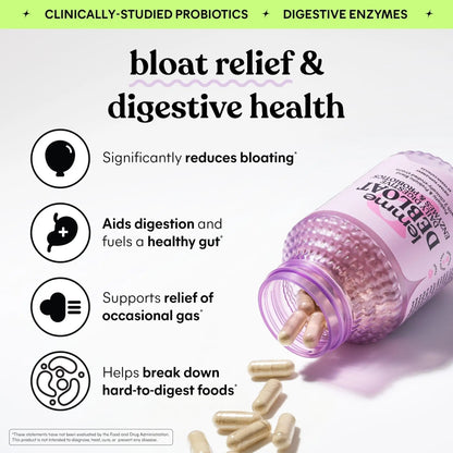 Lemme Debloat 3-in-1 Prebiotic, Probiotic & Digestive Enzyme Capsules for Bloating & Gas Relief - 2 Clinically Studied Probiotics w/5 Digestive Enzymes to Improve Digestion, Women & Men, (60 Count) - Maple Wellness Supplements