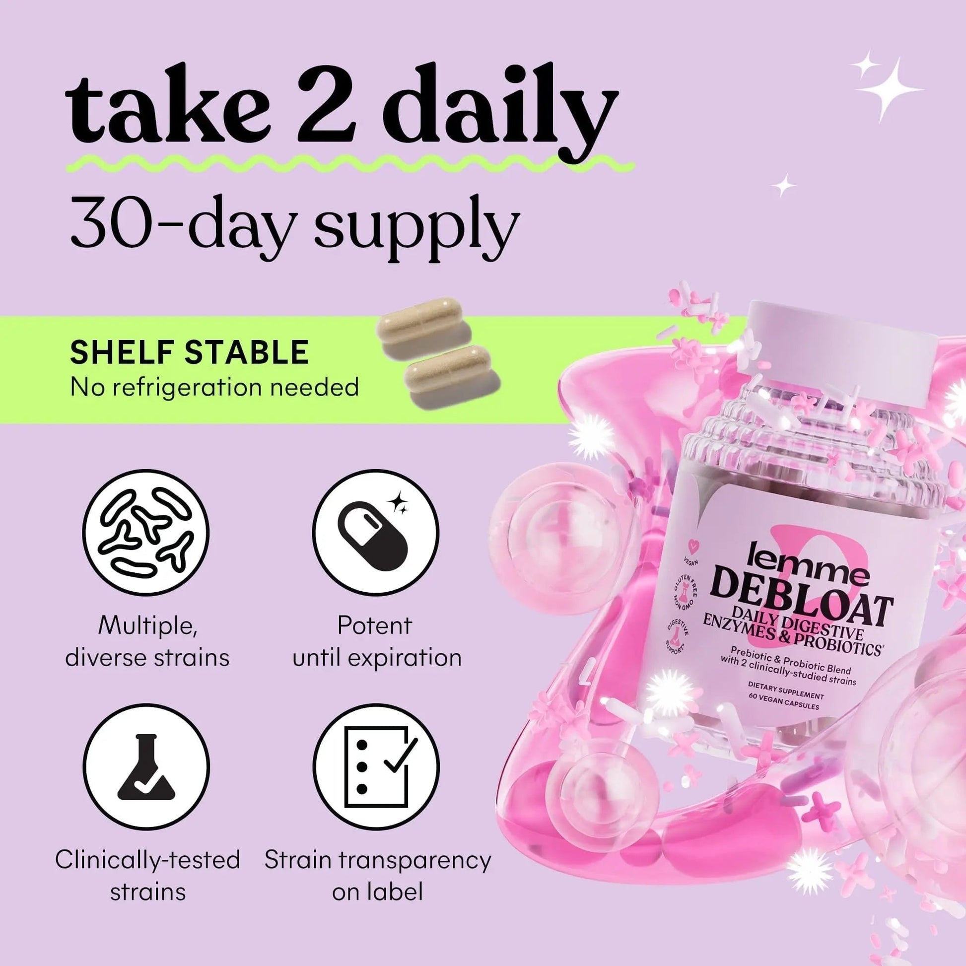 Lemme Debloat 3-in-1 Prebiotic, Probiotic & Digestive Enzyme Capsules for Bloating & Gas Relief - 2 Clinically Studied Probiotics w/5 Digestive Enzymes to Improve Digestion, Women & Men, (60 Count) - Maple Wellness Supplements