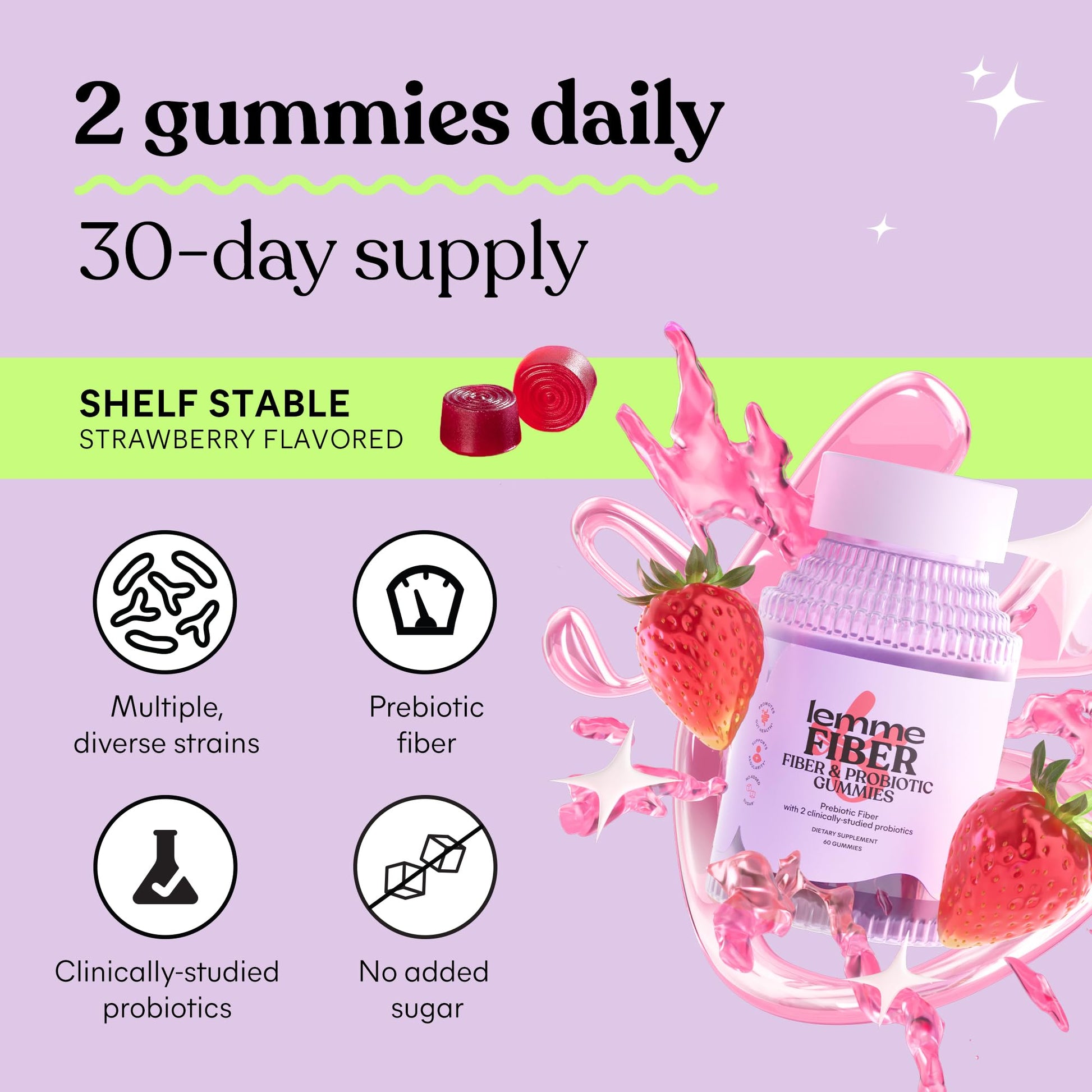 Lemme Fiber & Probiotic Gummies for Adults, Promotes Regularity & Digestive Health, No Sugar Added Strawberry Flavor, 4g Prebiotic Fiber & Clinically - Maple Wellness Supplements