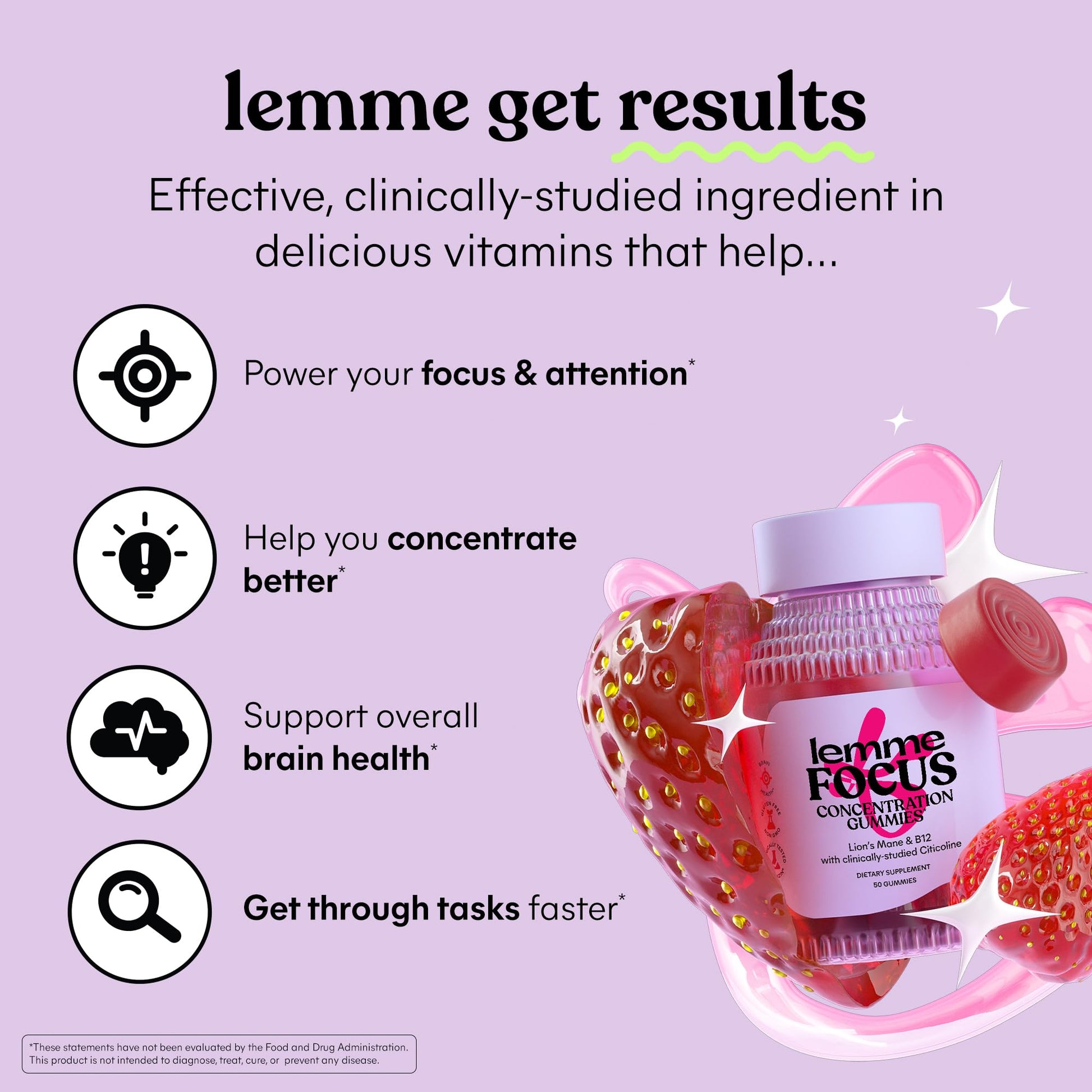 Lemme Focus Concentration & Brain Health Gummies with Cognizin Citicoline, Lion's Mane Mushroom, Vitamin B12 to Support Focus + Concentration - Maple Wellness Supplements