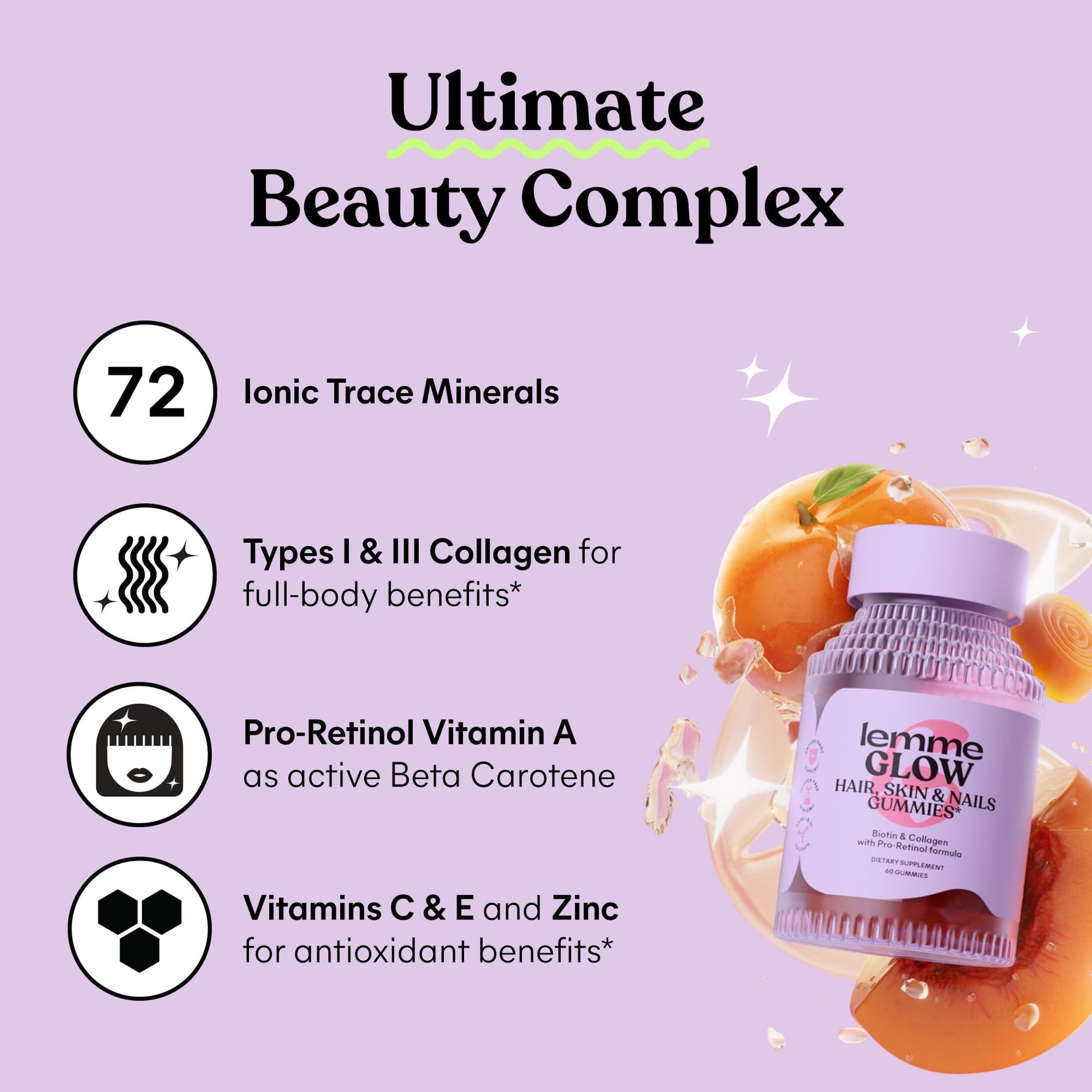Lemme Glow Collagen Gummies for Thick Hair, Strong Nails & Healthy Skin with Multi-Collagen Peptides, Biotin, Trace Minerals, Zinc, Vitamins A, C & E - Maple Wellness Supplements
