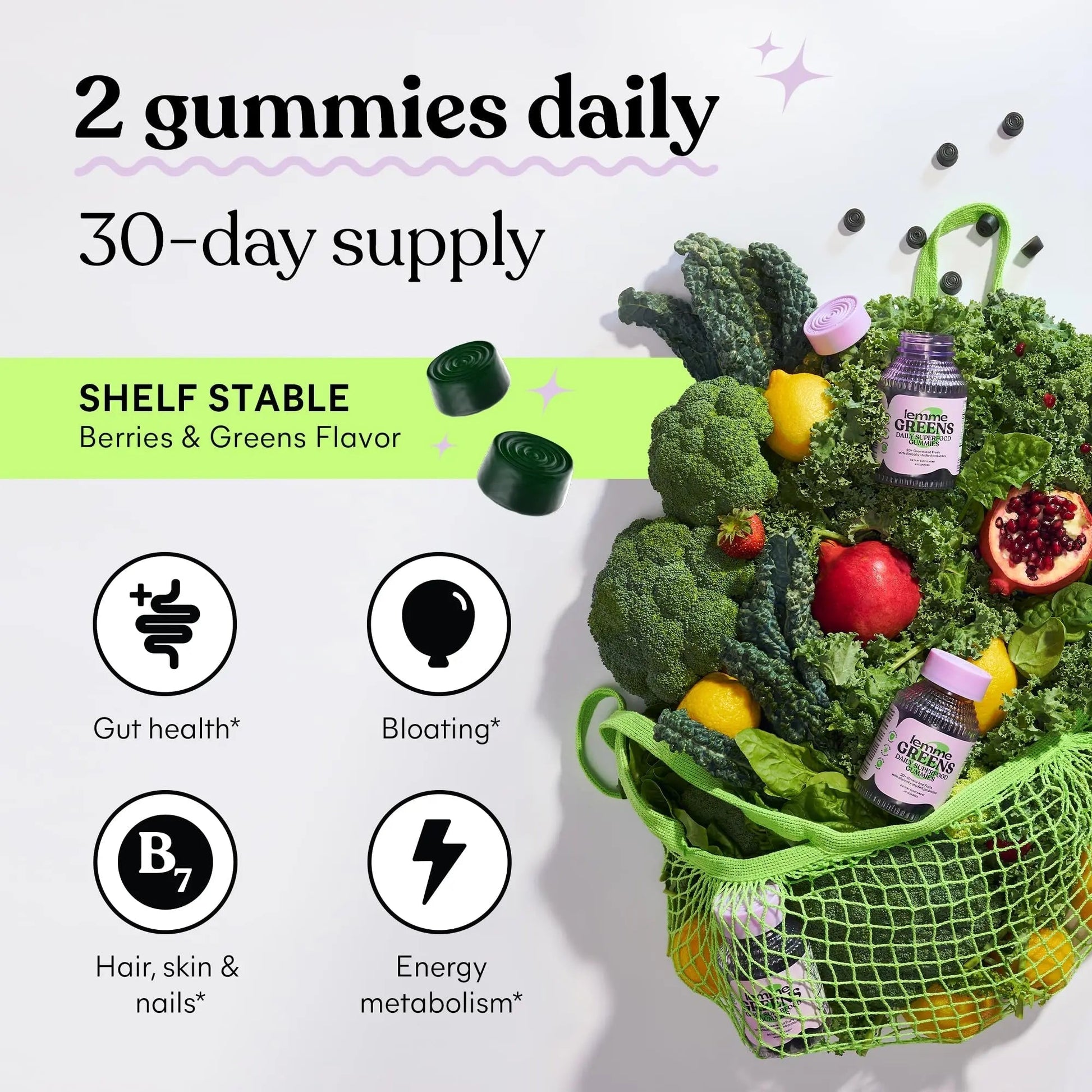Lemme Greens Superfood Gummies w/Multi - Support Gut Health & Reduce Bloating, 20+ Organic Greens and Superfruits, Clinically Studied Probiotics, D3, B12 - Berries & Greens Flavored (60 Count) - Maple Wellness Supplements