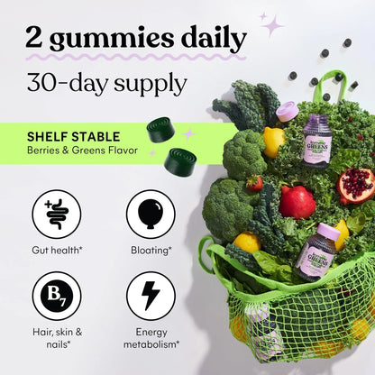 Lemme Greens Superfood Gummies w/Multi - Support Gut Health & Reduce Bloating, 20+ Organic Greens and Superfruits, Clinically Studied Probiotics, D3, B12 - Berries & Greens Flavored (60 Count) - Maple Wellness Supplements