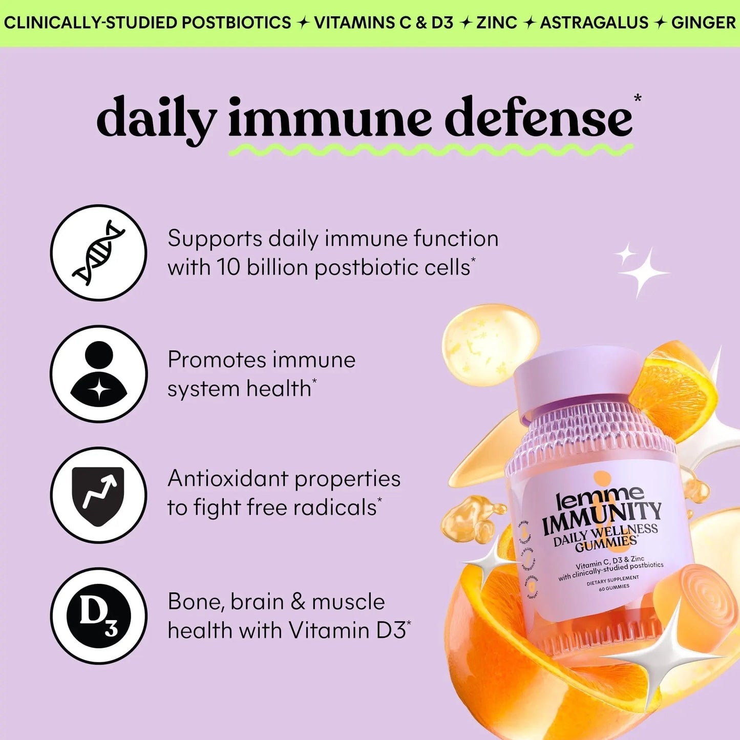 Lemme Immunity Postbiotic Gummies with Vitamin C, Vitamin D (2000 IU), Zinc, 10 Billion Postbiotic Cells, Astragalus for Immune Support - Vegetarian, Gluten Free, Sweet Orange (60 Count) - Maple Wellness Supplements