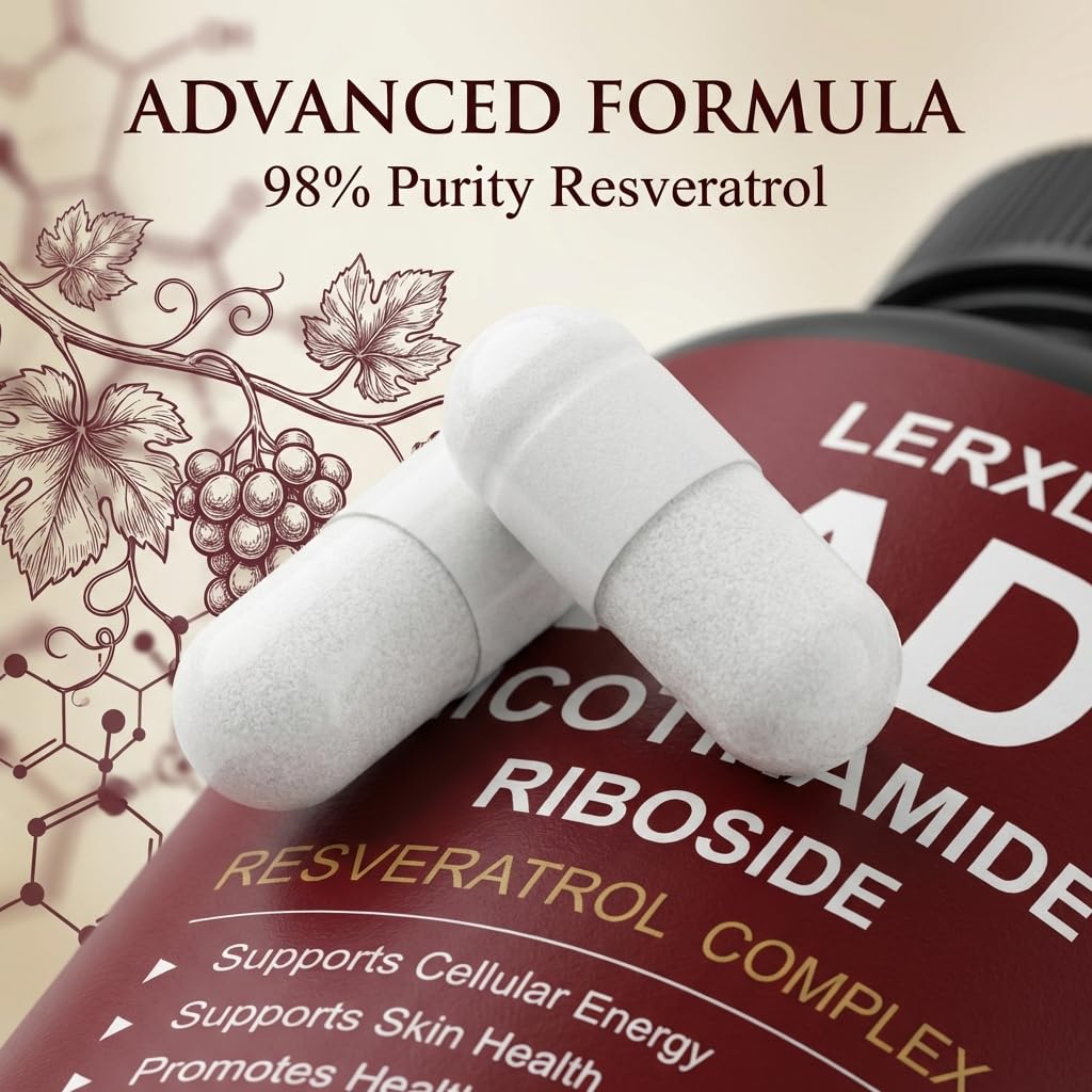 LERXLK NAD+ Supplement 1000mg – Liposomal Nicotinamide Riboside with Resveratrol, Advanced Cellular Energy & Healthy Aging Support, 60 Vegetarian Capsules - Maple Wellness Supplements