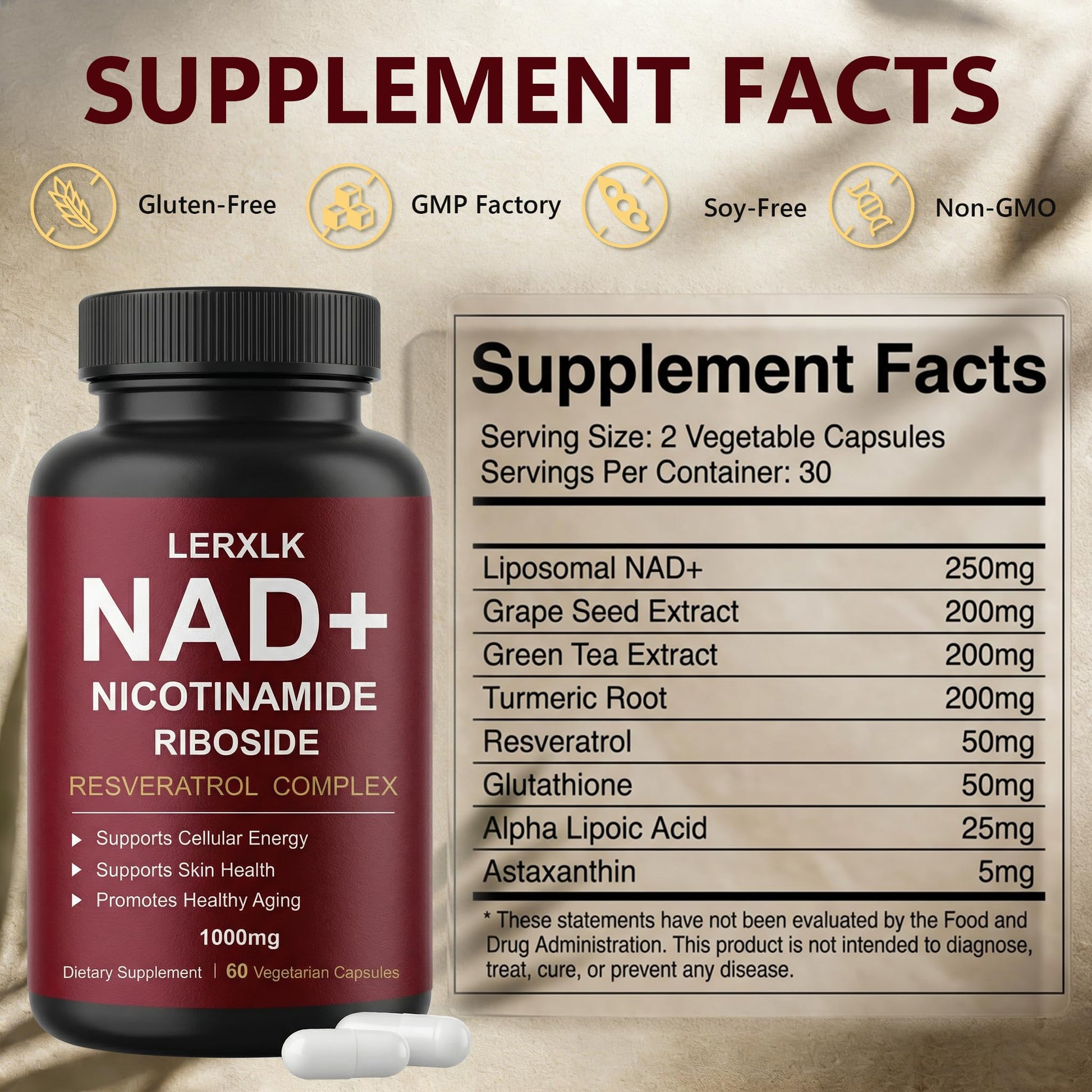 LERXLK NAD+ Supplement 1000mg – Liposomal Nicotinamide Riboside with Resveratrol, Advanced Cellular Energy & Healthy Aging Support, 60 Vegetarian Capsules - Maple Wellness Supplements