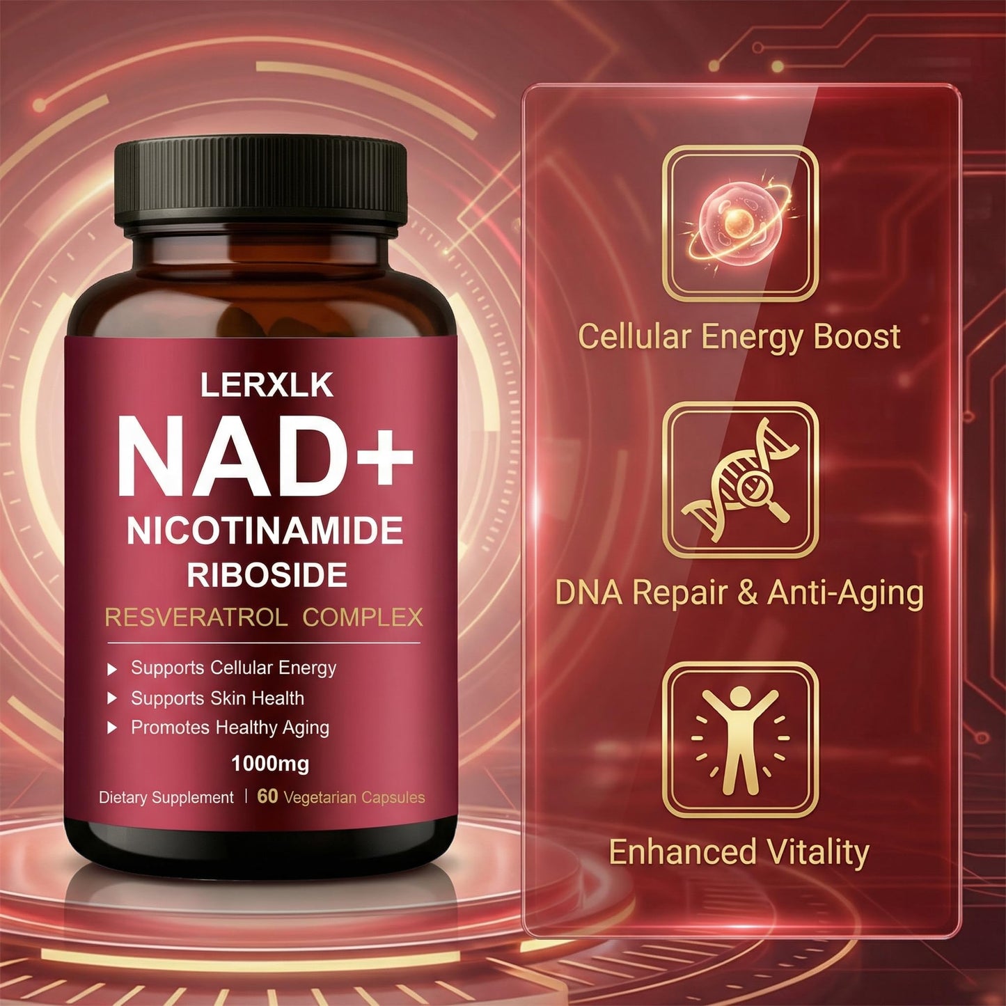 LERXLK NAD+ Supplement 1000mg – Liposomal Nicotinamide Riboside with Resveratrol, Advanced Cellular Energy & Healthy Aging Support, 60 Vegetarian Capsules - Maple Wellness Supplements
