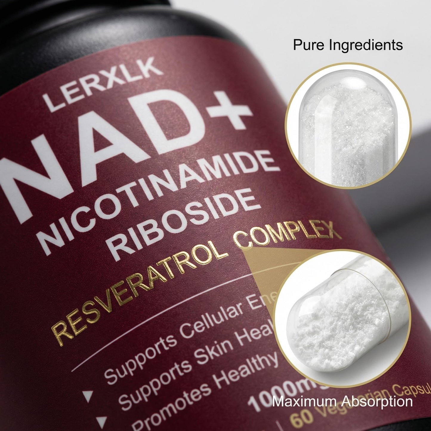 LERXLK NAD+ Supplement 1000mg – Liposomal Nicotinamide Riboside with Resveratrol, Advanced Cellular Energy & Healthy Aging Support, 60 Vegetarian Capsules - Maple Wellness Supplements