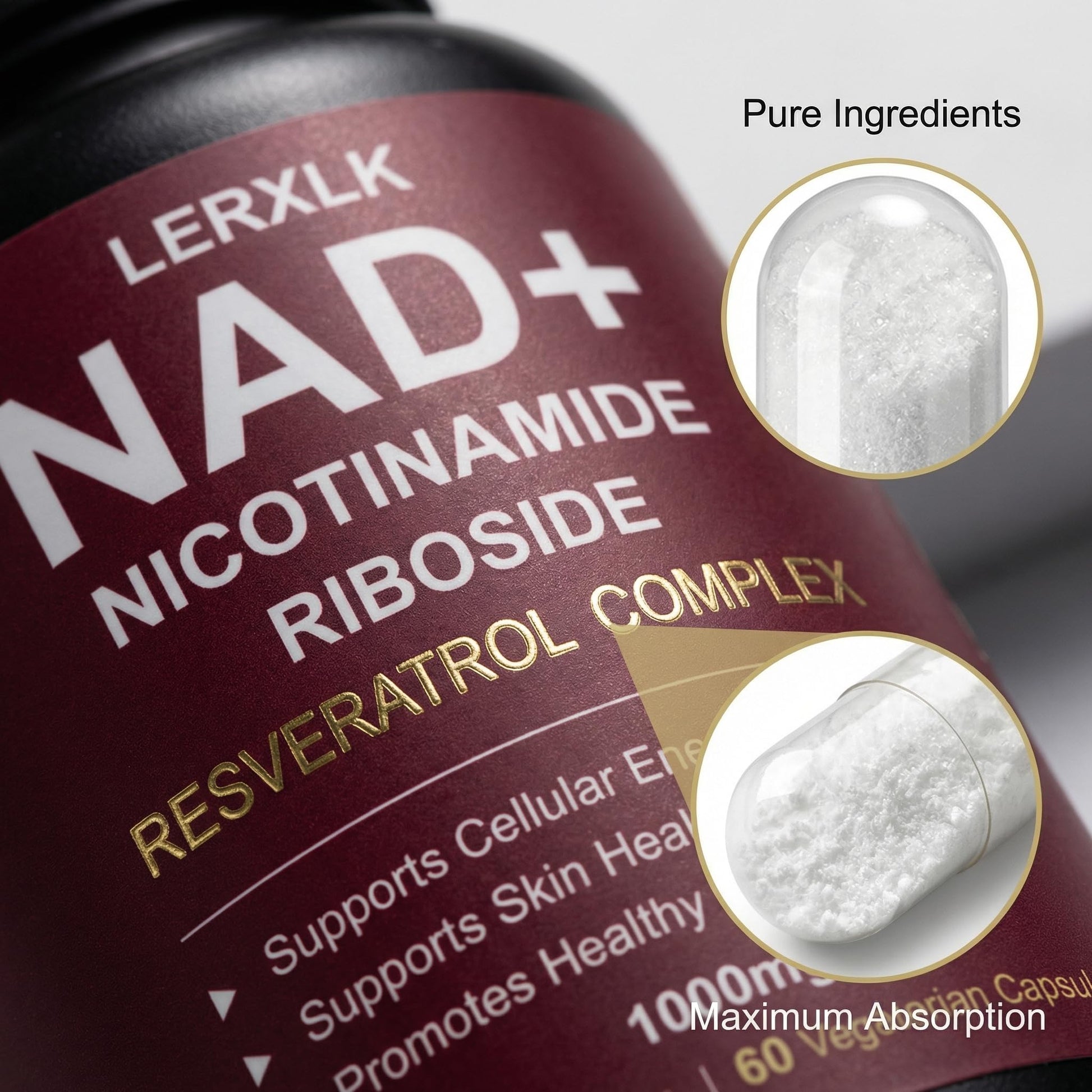 LERXLK NAD+ Supplement 1000mg – Liposomal Nicotinamide Riboside with Resveratrol, Advanced Cellular Energy & Healthy Aging Support, 60 Vegetarian Capsules - Maple Wellness Supplements