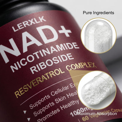 LERXLK NAD+ Supplement 1000mg – Liposomal Nicotinamide Riboside with Resveratrol, Advanced Cellular Energy & Healthy Aging Support, 60 Vegetarian Capsules - Maple Wellness Supplements