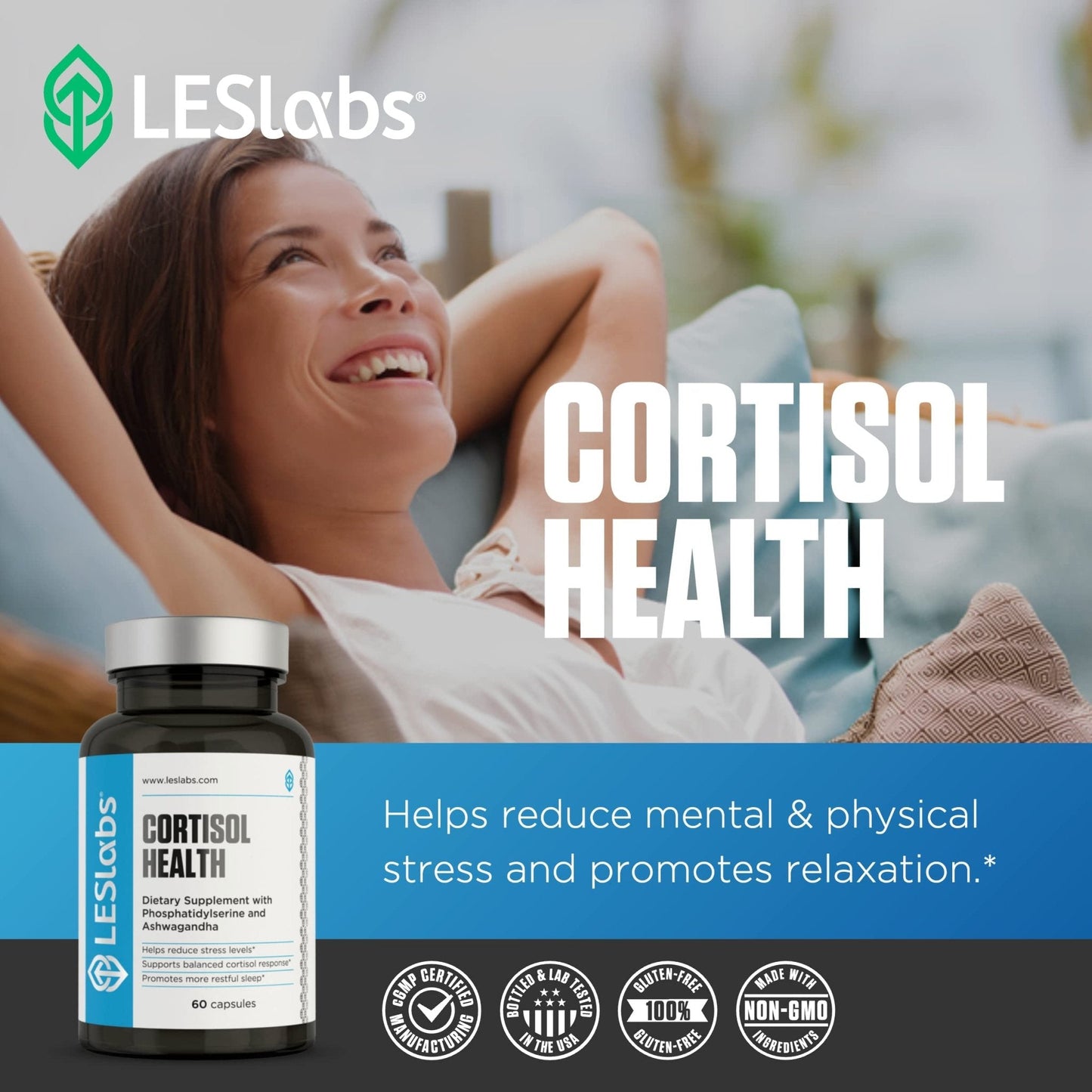 LES Labs Cortisol Health – Stress Relief, Balanced Cortisol Response, Relaxation & Deep Sleep – Phosphatidylserine, Magnesium, Magnolia Bark, Rhodiola Rosea & Ashwagandha – Non-GMO – 60 Capsules - Maple Wellness Supplements