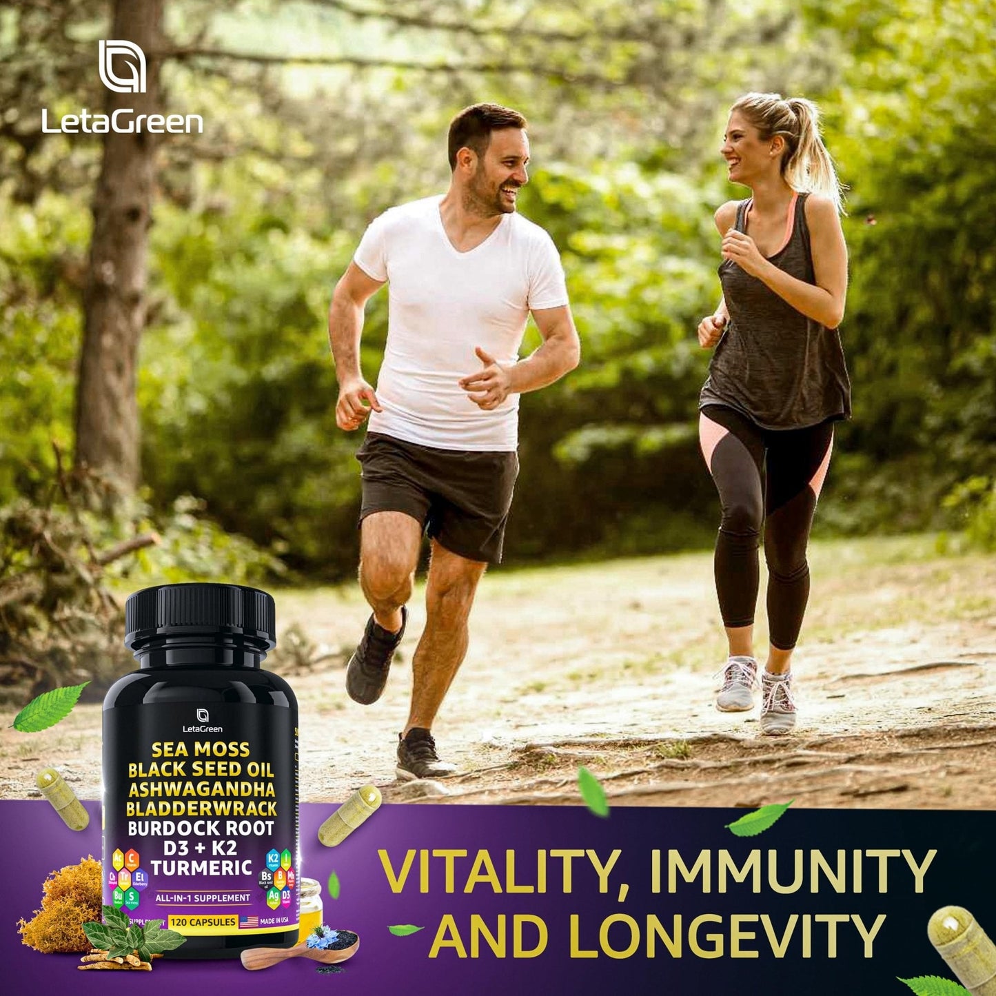 LetaGreen Ocean Wild Sea Moss Capsules - 120 Black Seed Oil Sea Moss Pills - Maple Wellness Supplements