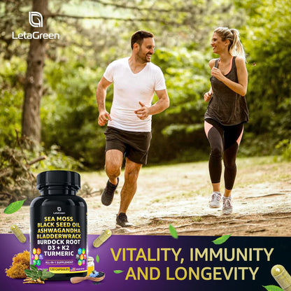 LetaGreen Ocean Wild Sea Moss Capsules - 120 Black Seed Oil Sea Moss Pills - Maple Wellness Supplements