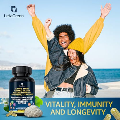LetaGreen Organic Lions Mane Supplement Capsules - 120 Real Mushrooms Lion's Mane - Maple Wellness Supplements