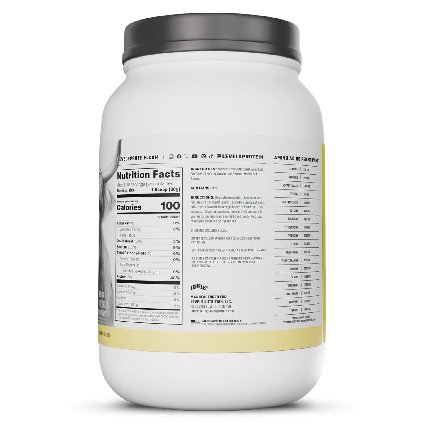 Levels 100% Micellar Casein Protein, Hormone Free, Vanilla Bean, 2LB - Maple Wellness Supplements