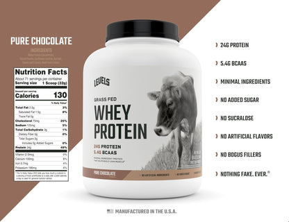 Levels Grass Fed 100% Whey Protein, No Hormones, Pure Chocolate, 5LB - Maple Wellness Supplements