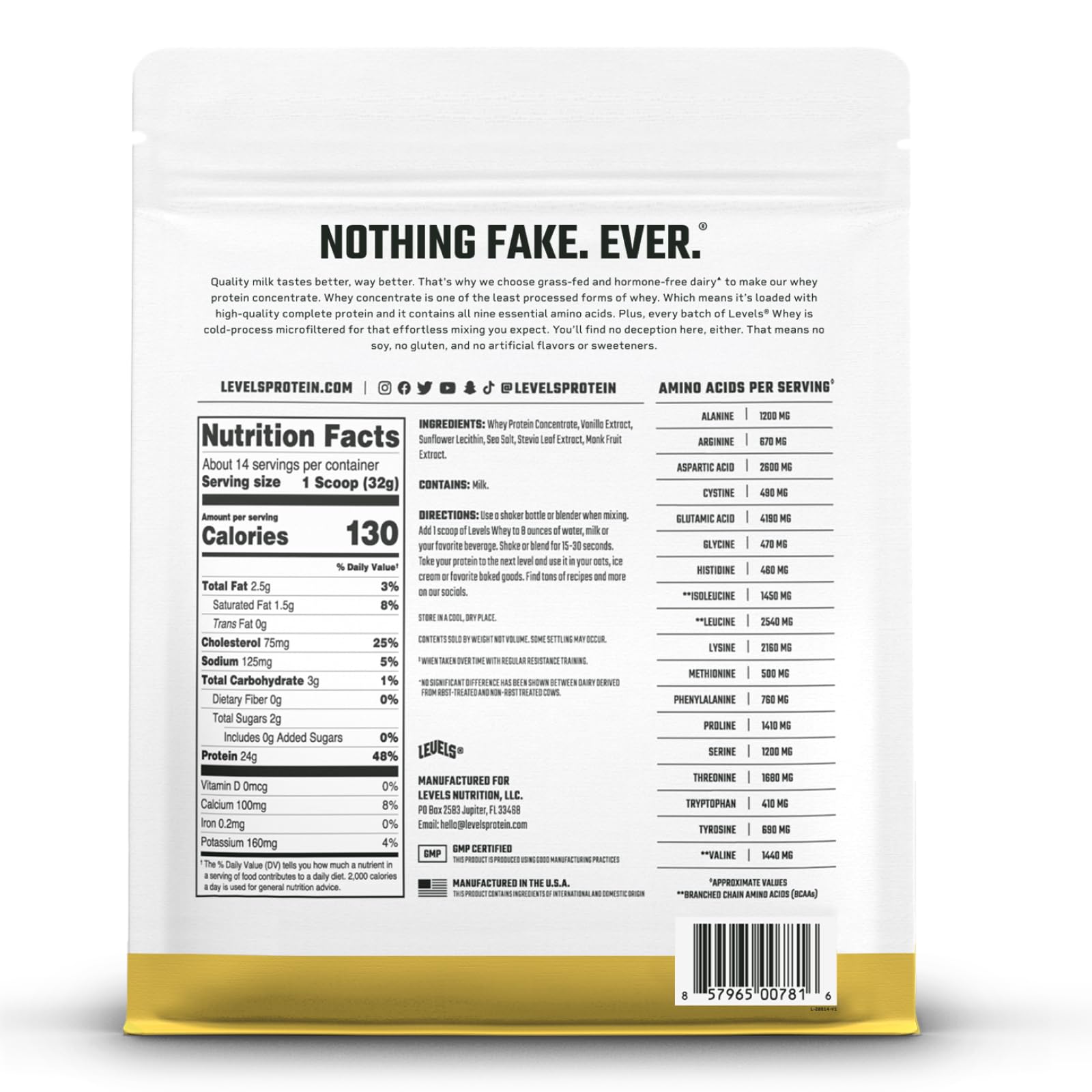 Levels Grass Fed Whey Protein Powder, No Artificials, 24G of Protein, Vanilla Bean, 1LB - Maple Wellness Supplements