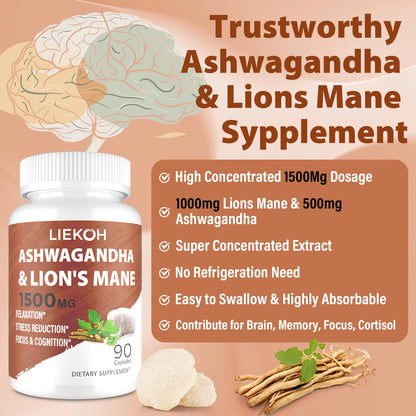 Liekoh Ashwagandha & Lions Mane Supplement Capsules, Brain Supplements for Memory and Focus, Ashwagandha Supplement with Rhodiola & Black Peppe, Cortisol Supplements for Women & Men,90 Caps - Maple Wellness Supplements