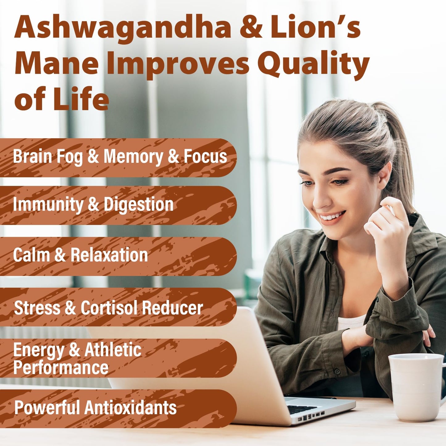 Liekoh Ashwagandha & Lions Mane Supplement Capsules, Brain Supplements for Memory and Focus, Ashwagandha Supplement with Rhodiola & Black Peppe, Cortisol Supplements for Women & Men,90 Caps - Maple Wellness Supplements