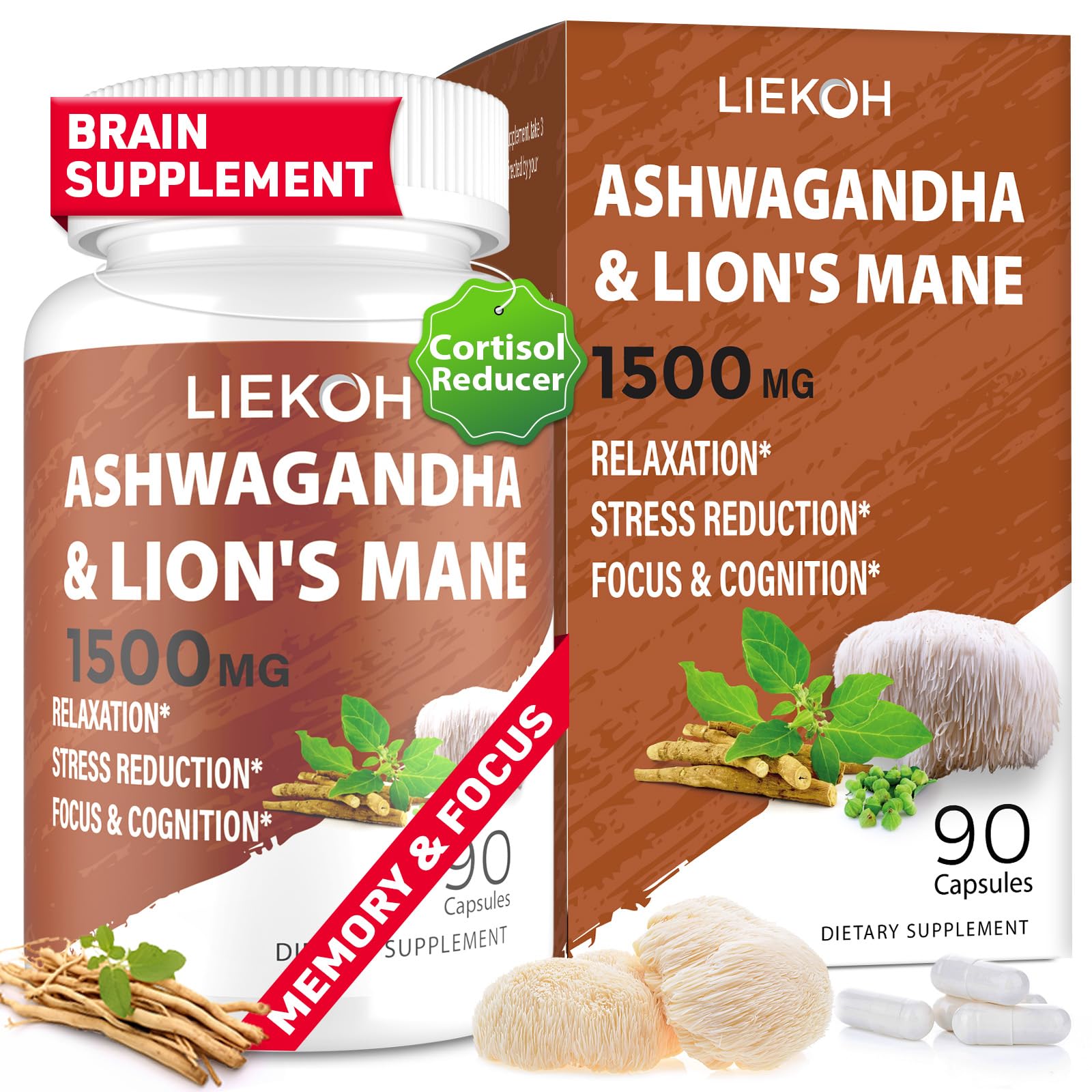 Liekoh Ashwagandha & Lions Mane Supplement Capsules, Brain Supplements for Memory and Focus, Ashwagandha Supplement with Rhodiola & Black Peppe, Cortisol Supplements for Women & Men,90 Caps - Maple Wellness Supplements