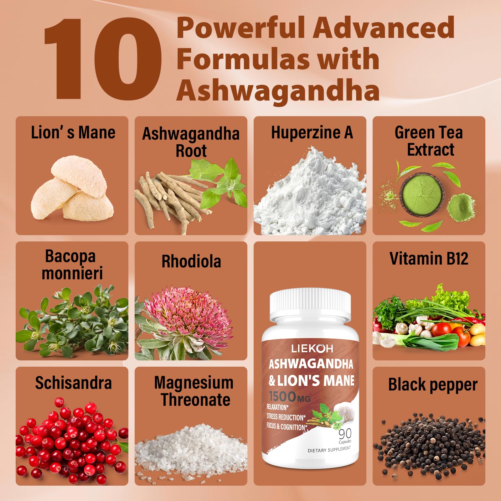 Liekoh Ashwagandha & Lions Mane Supplement Capsules, Brain Supplements for Memory and Focus, Ashwagandha Supplement with Rhodiola & Black Peppe, Cortisol Supplements for Women & Men,90 Caps - Maple Wellness Supplements