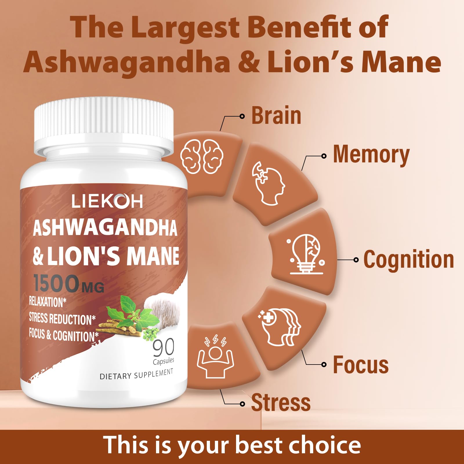 Liekoh Ashwagandha & Lions Mane Supplement Capsules, Brain Supplements for Memory and Focus, Ashwagandha Supplement with Rhodiola & Black Peppe, Cortisol Supplements for Women & Men,90 Caps - Maple Wellness Supplements