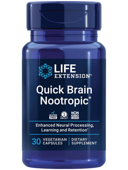 Life Extension Quick Brain Nootropic, Fast Thinking, Learning, Concentration, Lutein, zeaxanthin, gotu kola, bacopa, Gluten Free, Non-GMO, Vegetarian, 1 Daily, 30 Capsules - Maple Wellness Supplements