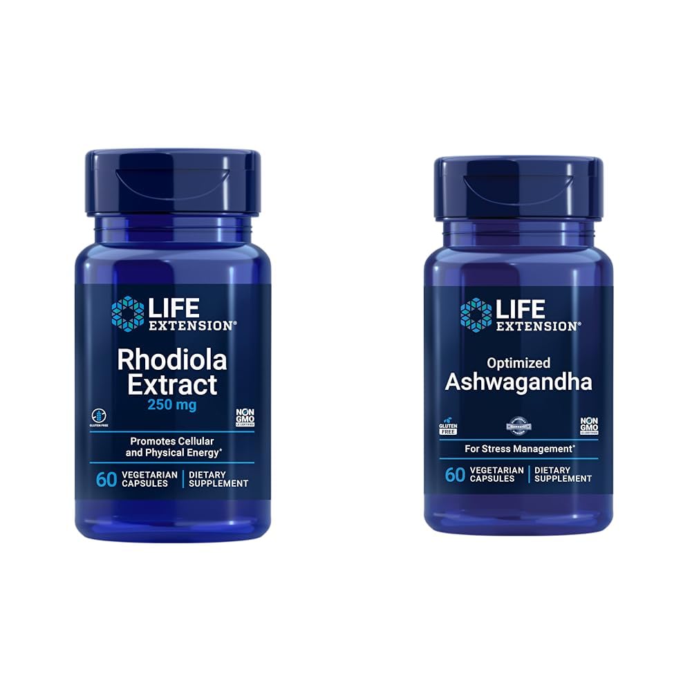Life Extension Rhodiola and Ashwagandha Extract Bundle, Rhodiola rosea and ashwagandha Supplements, 60 Capsules Each - Maple Wellness Supplements