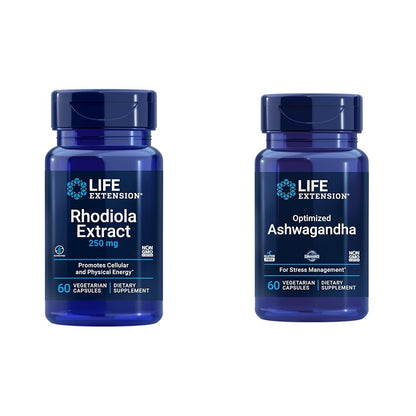 Life Extension Rhodiola and Ashwagandha Extract Bundle, Rhodiola rosea and ashwagandha Supplements, 60 Capsules Each - Maple Wellness Supplements