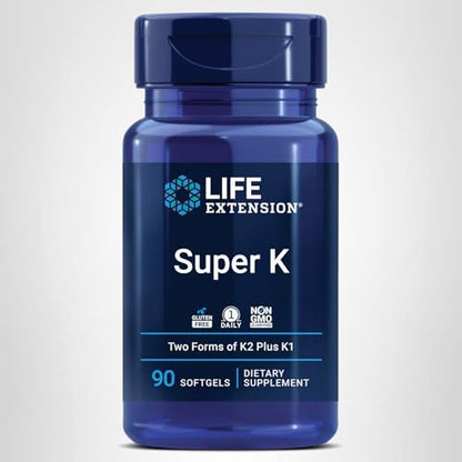 Life Extension Super K, Vitamin K Supplement, 2000 Mcg Vitamin K and 1180 Mcg Vitamin K2, Heart Health, Once-Daily, 90 Softgels - Maple Wellness Supplements
