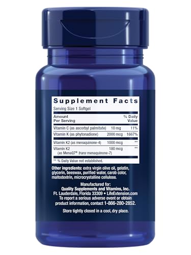 Life Extension Super K, Vitamin K Supplement, 2000 Mcg Vitamin K and 1180 Mcg Vitamin K2, Heart Health, Once-Daily, 90 Softgels - Maple Wellness Supplements