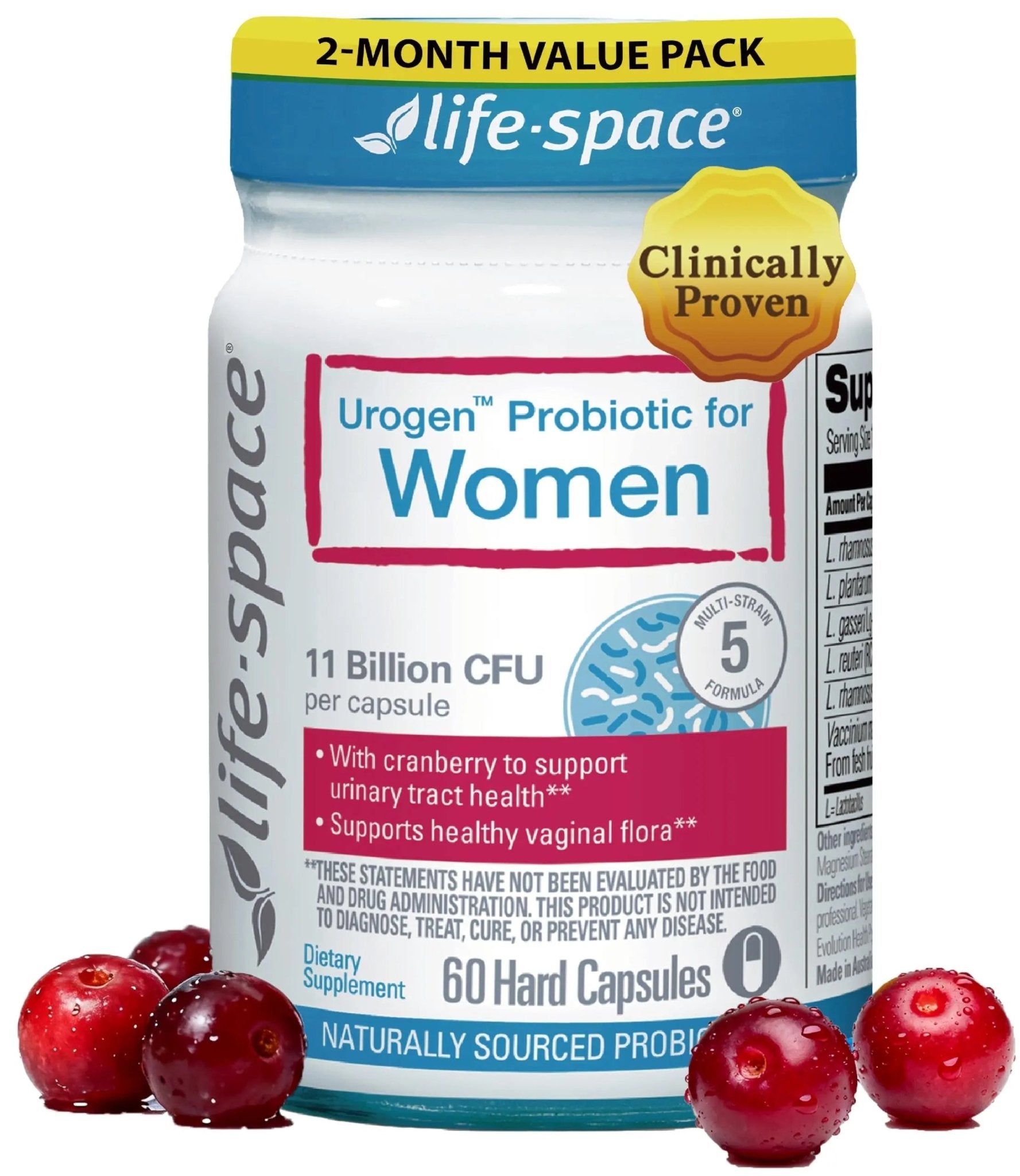 Life-Space Urogen Probiotics for Women, Probiotics+Cranberry, 2 Month Serving, Women's Probiotic for PH Balance, Urinary Tract, Digestive & Immune Health, Lactobacillus reuteri, Non-GMO, 60 Ct - Maple Wellness Supplements