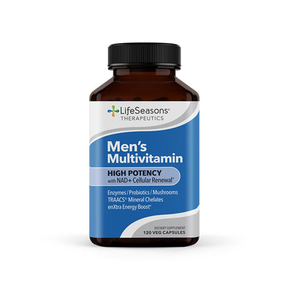 LifeSeasons Men's Multivitamin – High Potency with 21 Vitamins & Minerals, PureWay-C®, NAD+, Active B-Vitamins, TRAACS® Chelates, enXtra® for Energy, Probiotics & Mushrooms – 120 Veg Capsules - Maple Wellness Supplements