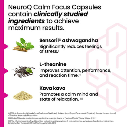 LifeSeasons NeuroQ Calm Focus Capsules - Stress Relief Supplement - Supports Mental Function & Relaxation - Sensoril Ashwagandha, Magnesium, GABA, L-Theanine, Andean Cocoa & Kava Kava - 60 Capsules - Maple Wellness Supplements