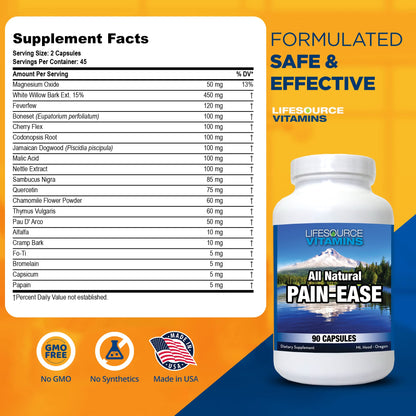 LifeSource Vitamins All Natural Pain Ease – 20 Synergistic Herbs and Enzymes That Naturally & Safely Support: Headaches & Migraines - Knees – Shoulders – Joints – Leg Pain – Tension - Maple Wellness Supplements