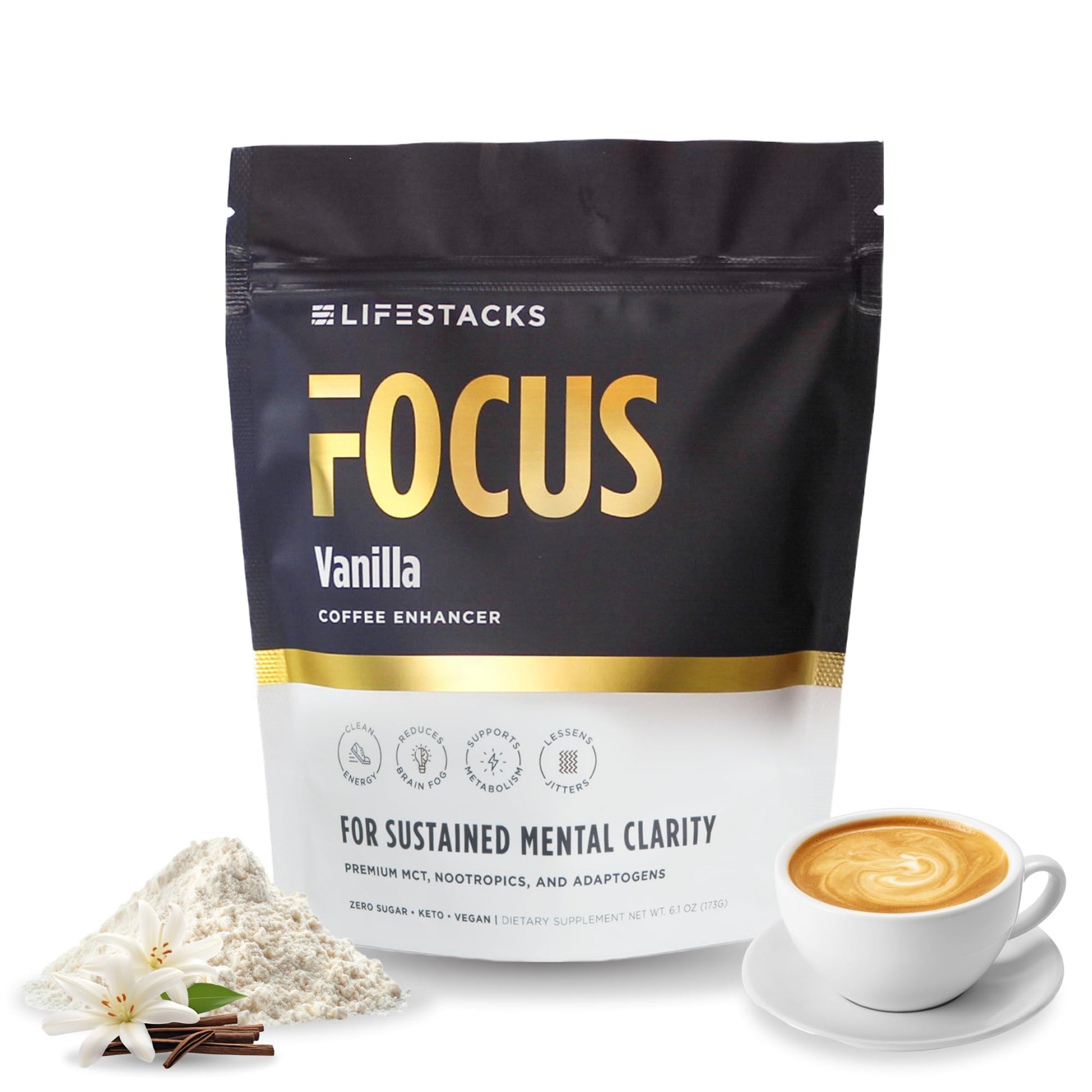 LIFESTACKS Focus Coffee Creamer for Energy & Clarity - MCT Powder + Nootropics + Adaptogens - Boost Productivity Without Jitters or Crash - Keto, Vegan, 0 Sugar - with Taurine, L-Tyrosine, Rhodiola - Maple Wellness Supplements