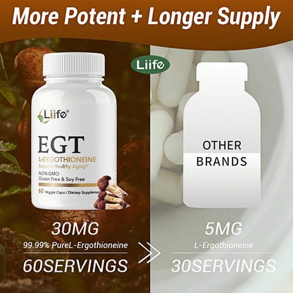 LIIFE L-Ergothioneine Supplement (EGT) 30mg,Compound Antioxidant Supplement (May Support Longevity and Healthy Aging) Promotes Skin Health，60 Capsules，Non-GMO, Gluten Free, Vegan Safe - Maple Wellness Supplements